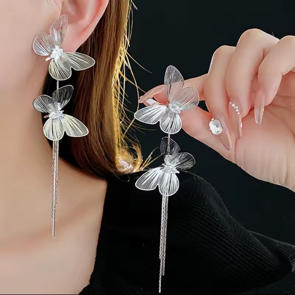NEW! Silver Butterfly Tassel Earrings – Long Rhinestone Drop Earrings A1-59